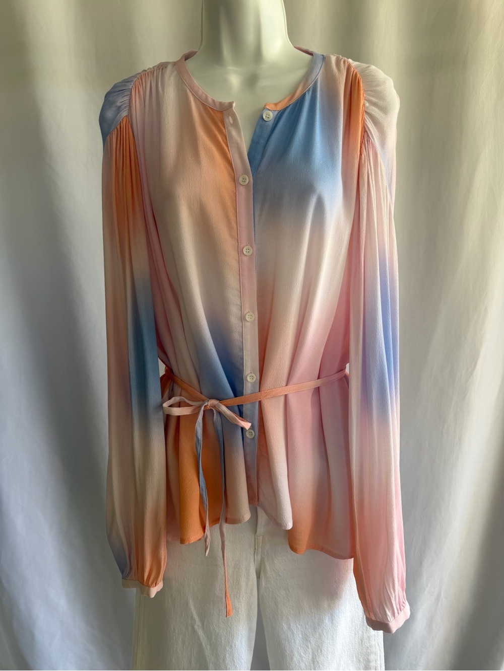Habitual Ombre Tie-Waist Blouse — Pastel Blue/Pink/Peach Cloud Tie Dye Size XL